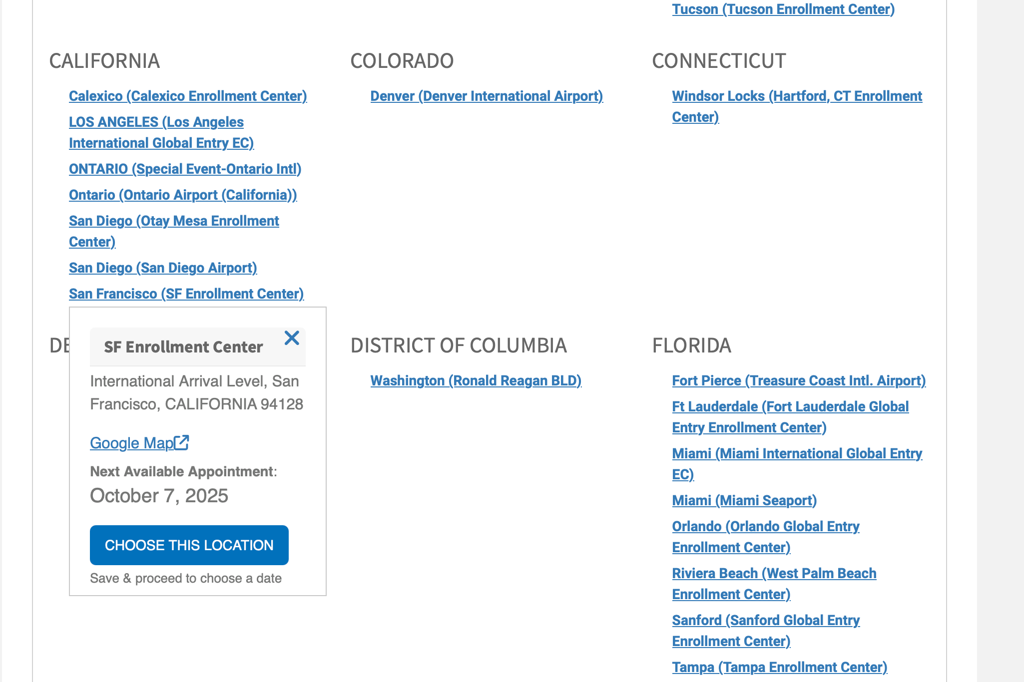 Global Entry appointment availability on DHS website for specific states.